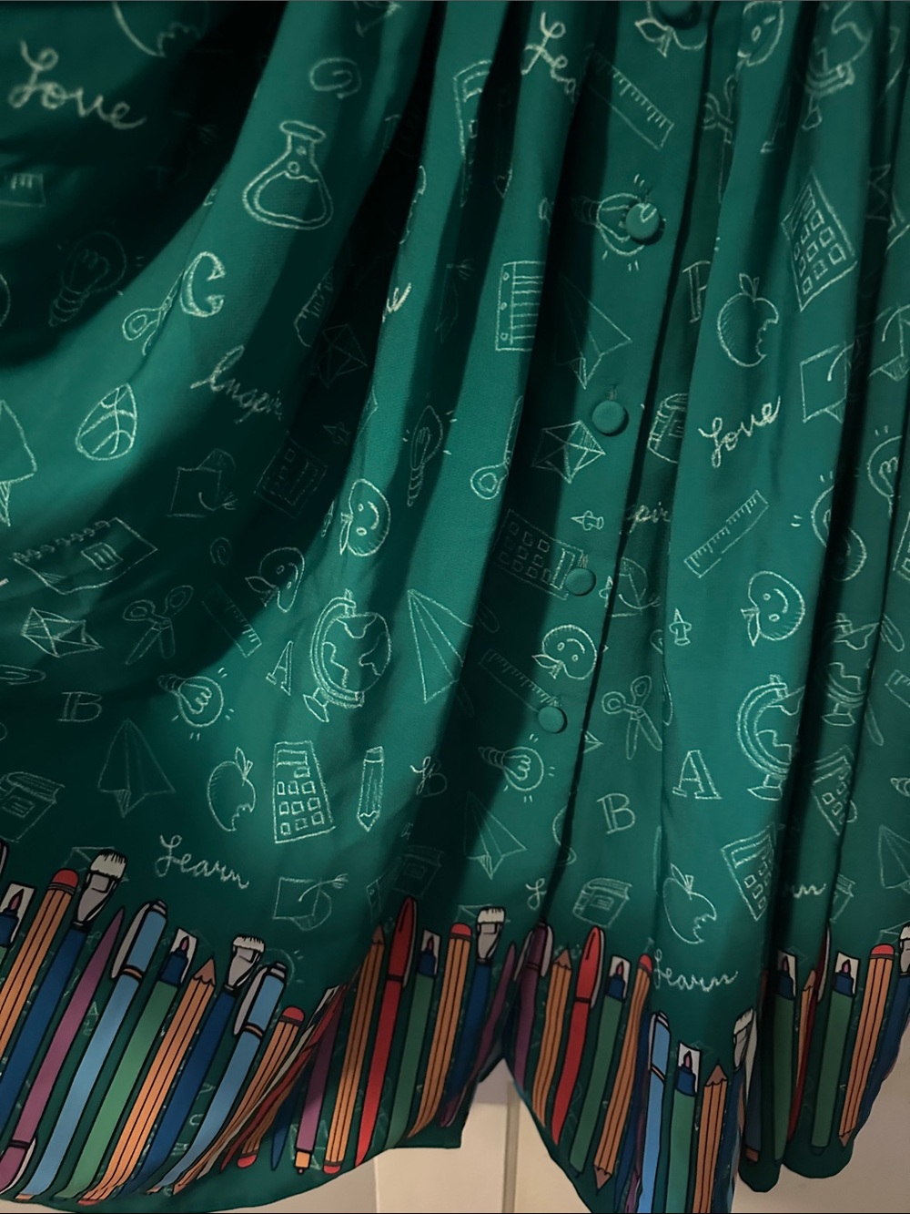 Unique Vintage Teal Dress with White Trim and Colorful Pencil Hem, Size M (6-8) - Picture 6 of 12